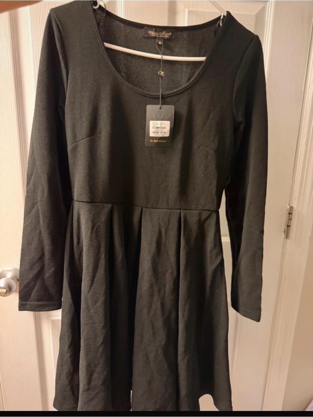 White mark Black Long Sleeve Fit-and-Flare Dress